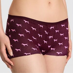PINK Victoria's Secret Burgundy Boyshorts with Pink Dog Print